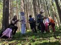 eine Frau und viele Kinder stehen in einem sonnenbeschienenen Fichtenwald